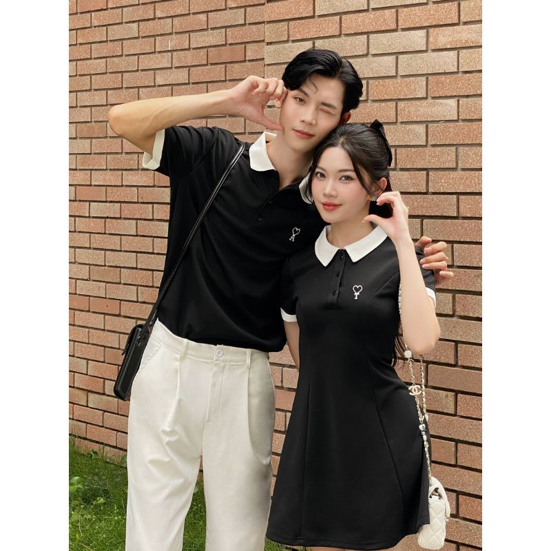 Set đồ đôi áo polo nam và váy có cổ nữ FOREVER LILA basic thêu theo yêu cầu đồ cặp couple cotton