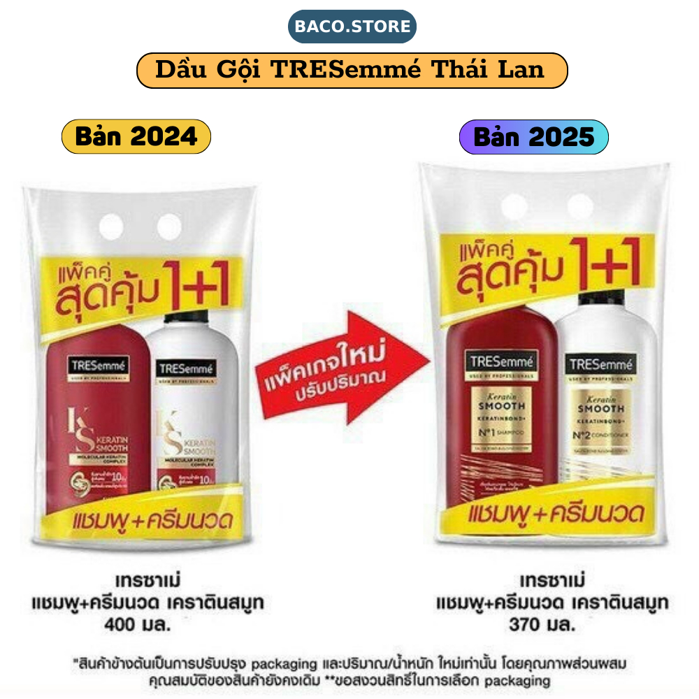 Combo Dầu Gội, Dầu Xả TRESEMME Keratin Smooth Thái Lan 370ml Dưỡng tóc khô xơ rối, Suôn Mượt