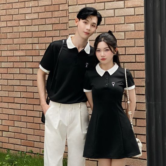 Set đồ đôi áo polo nam và váy có cổ nữ FOREVER LILA basic thêu theo yêu cầu đồ cặp couple cotton