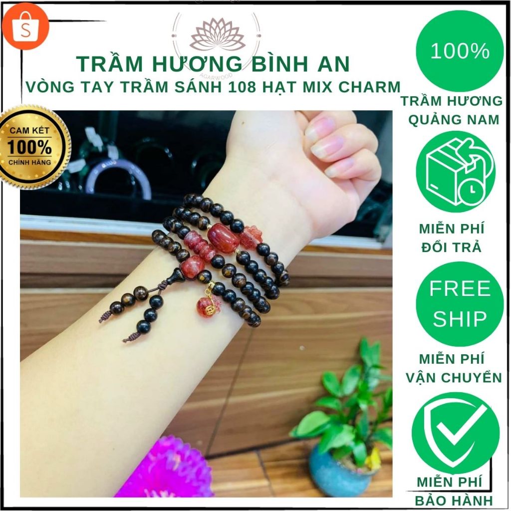 Chuỗi trầm hương sánh chìm 6ly 108 hạt mix charm ngũ điếu+lu+điếu mập+ cỏ+bàn tính+hồ ly móc bạc-giành cho nữ.