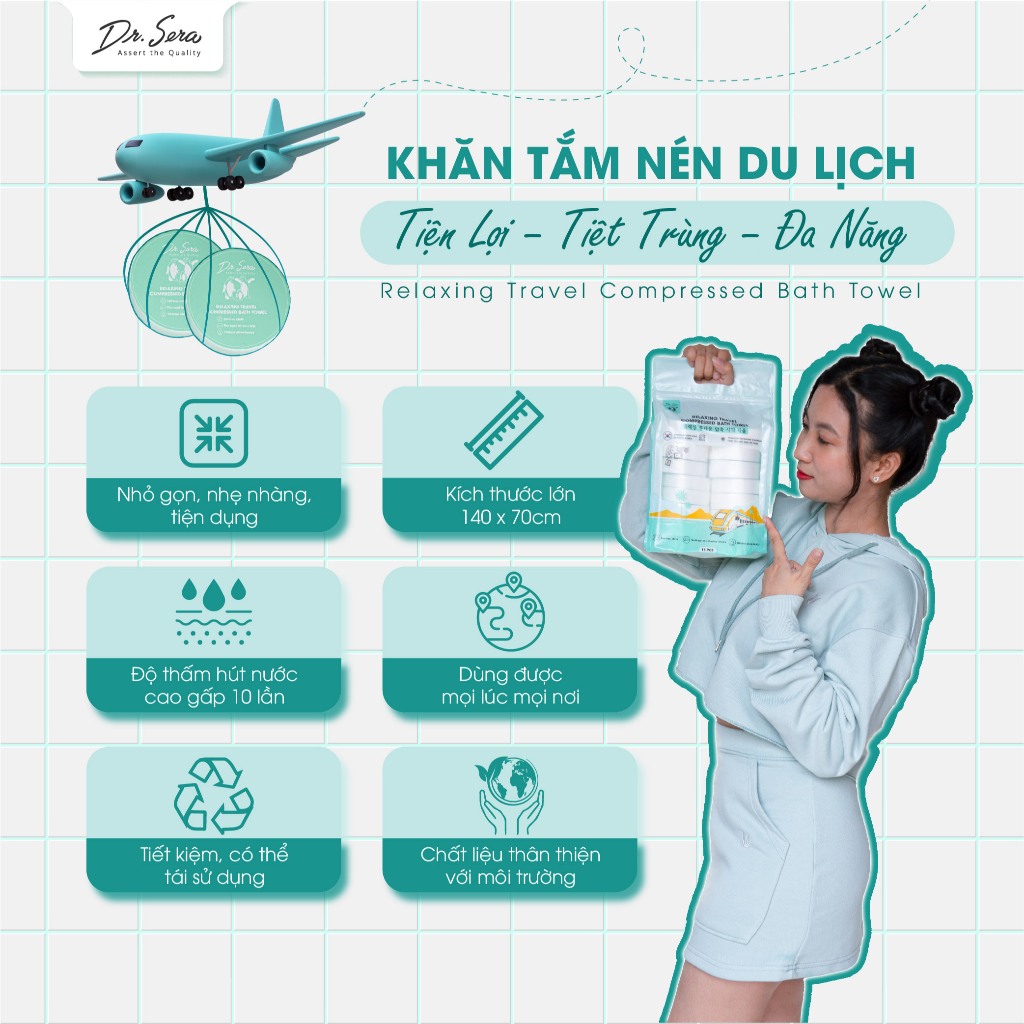Khăn tắm nén cotton tiệt trùng UV mềm mịn an toàn với mọi làn da DR.SERA COMPRESSED TOWEL