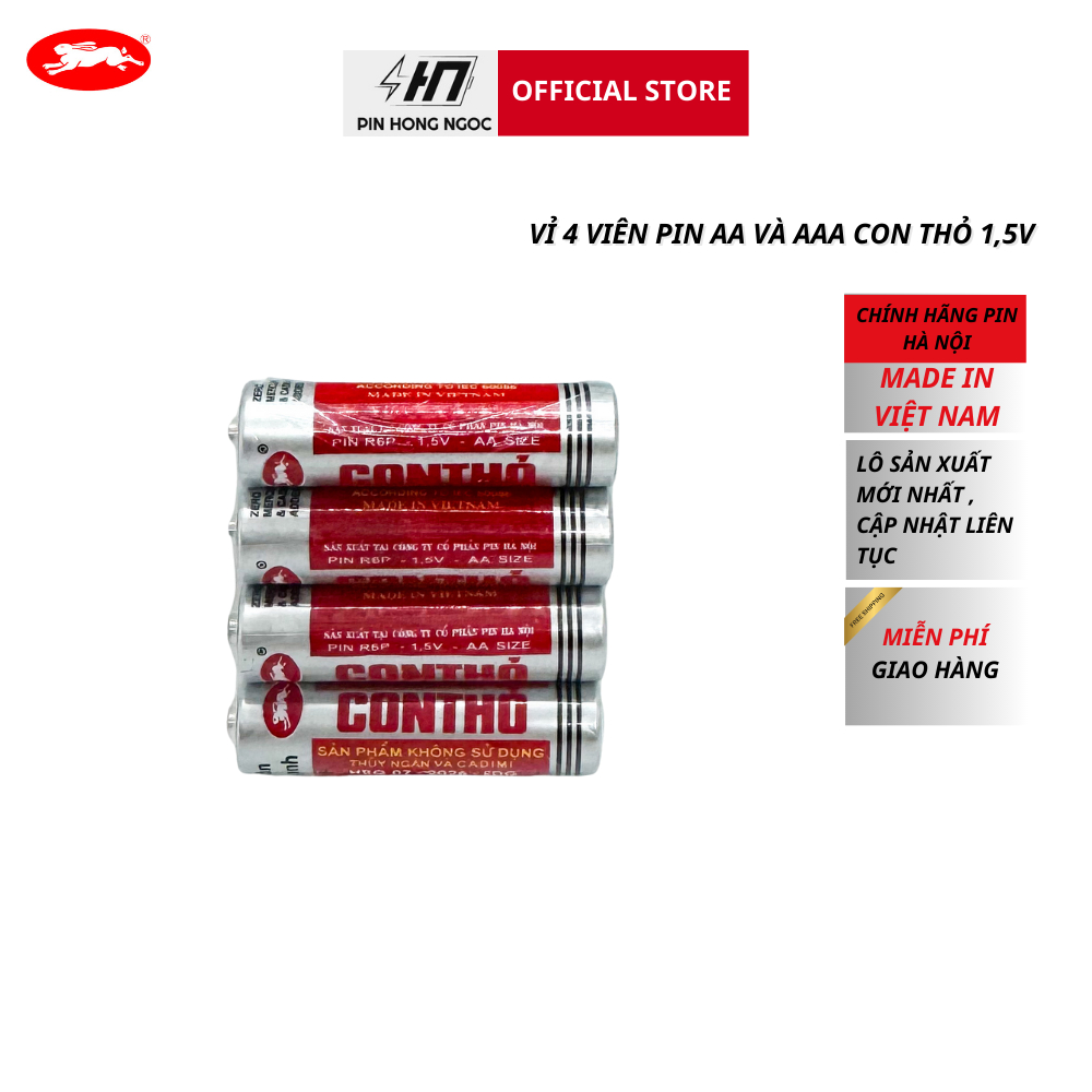 Vỉ 4 Viên Pin Con Thỏ AA , AAA 1,5V ( R6 , R03 nhãn đỏ Vỉ PVC4 ) chính ...