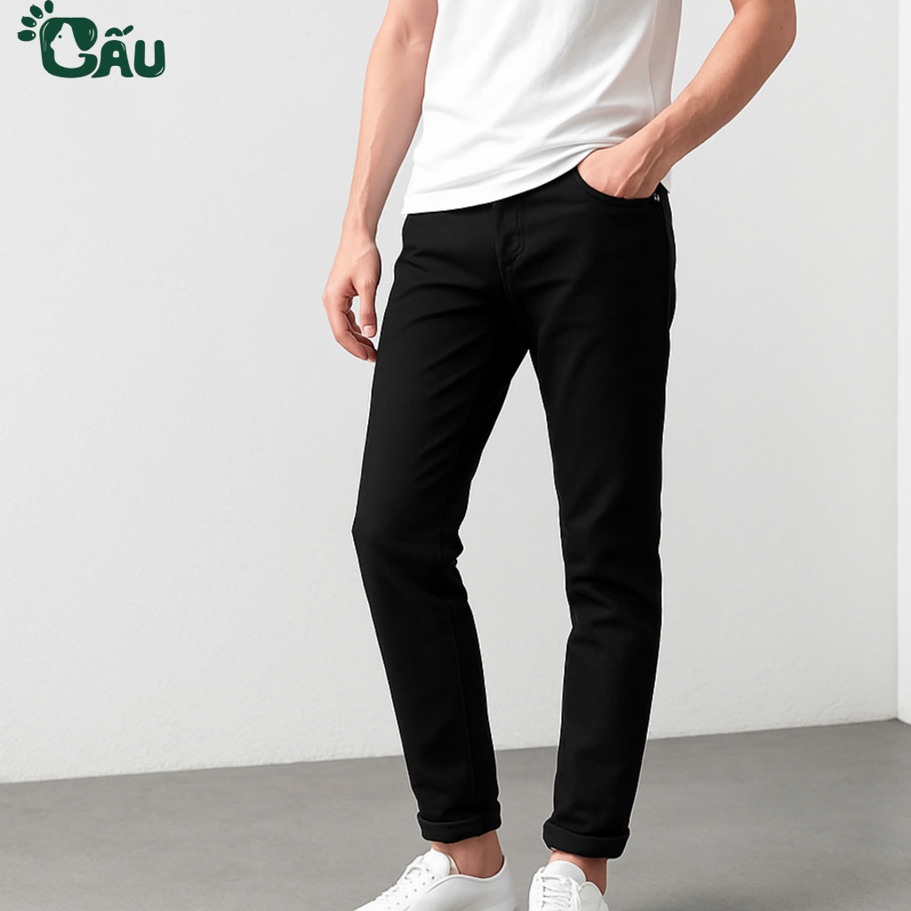 Ảnh Quần jean nam đen Gấu 194 trơn & rách vải jeans bò cotton duck cao cấp mềm mịn, co dãn - form slim fit 2