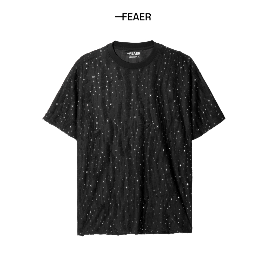 Áo thun cổ tròn Bling, vải cotton hiệu ứng rách độc đáo, thấm hút tốt, co giãn nhẹ, đính hột lấp lánh - FEAER