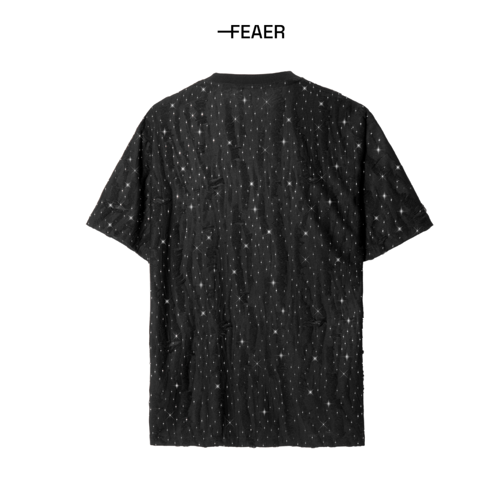 Áo thun cổ tròn Bling, vải cotton hiệu ứng rách độc đáo, thấm hút tốt, co giãn nhẹ, đính hột lấp lánh - FEAER
