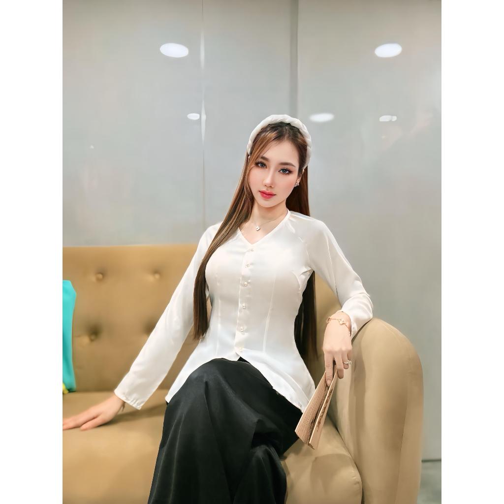 B.A102 - Bộ Bà Ba Lụa Tầm Ý Cổ Tim Cài Nút Tay Dài ( QUẦN ĐEN  )