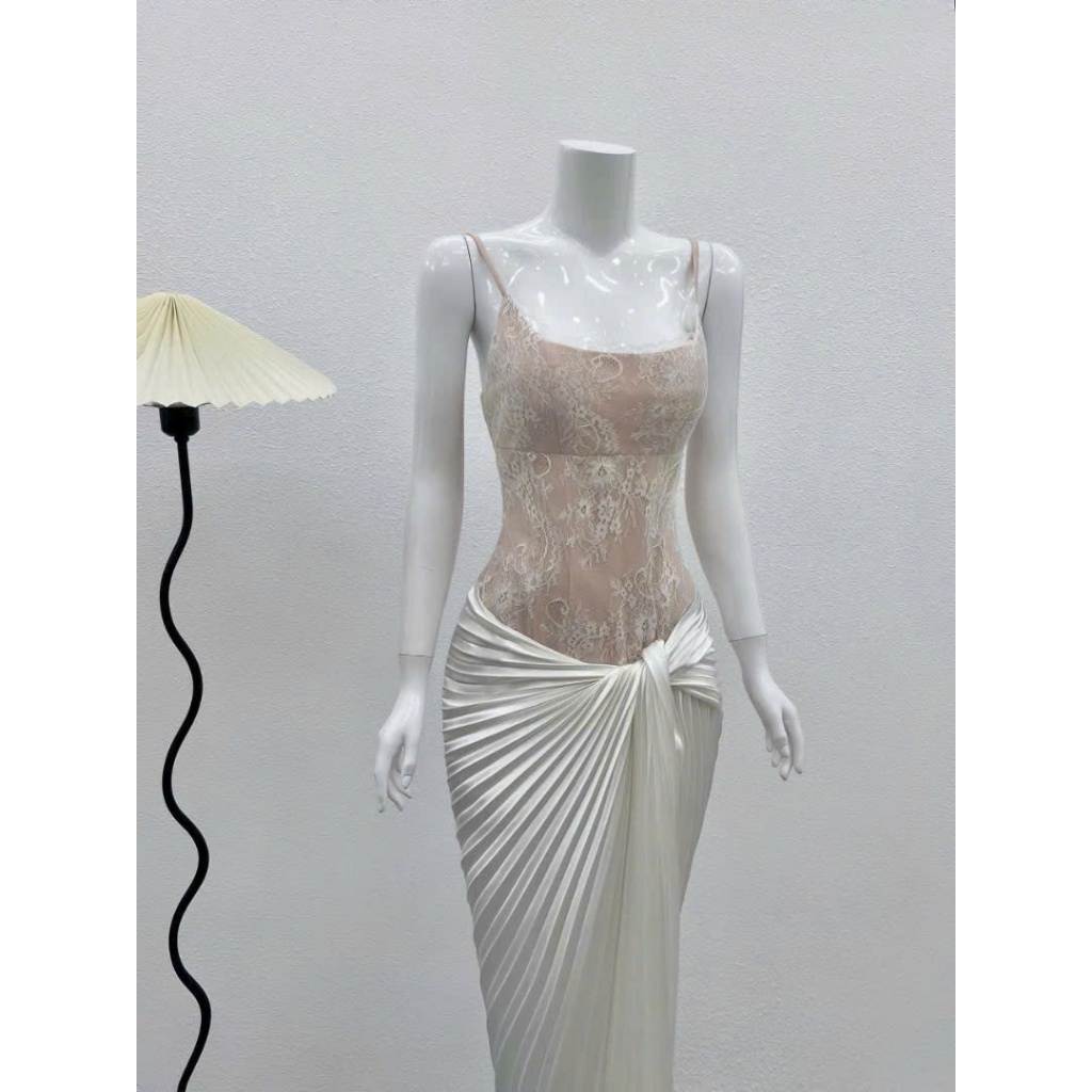 Đầm váy nữ thiết kế 2 dây chiết eo sẻ tà sang chảnh, đầm váy nữ thiết kế nhún eo xếp li dáng dài sang trọng.