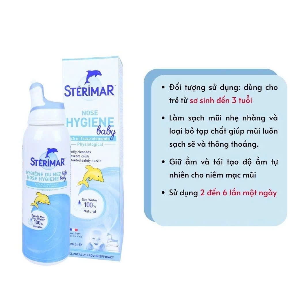 Xịt muối mũi cá heo vàng và cam Sterimar, Pháp (100ml) giúp vệ sinh và giảm vie^m mũi cho trẻ 0 - 3 tuổi