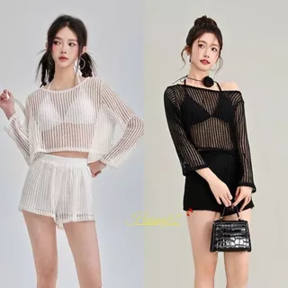 Set đồ nữ đi biển 3 món áo bra mix khoác lưới kèm quần short gợi cảm quyến rũ AB13 huong97.store