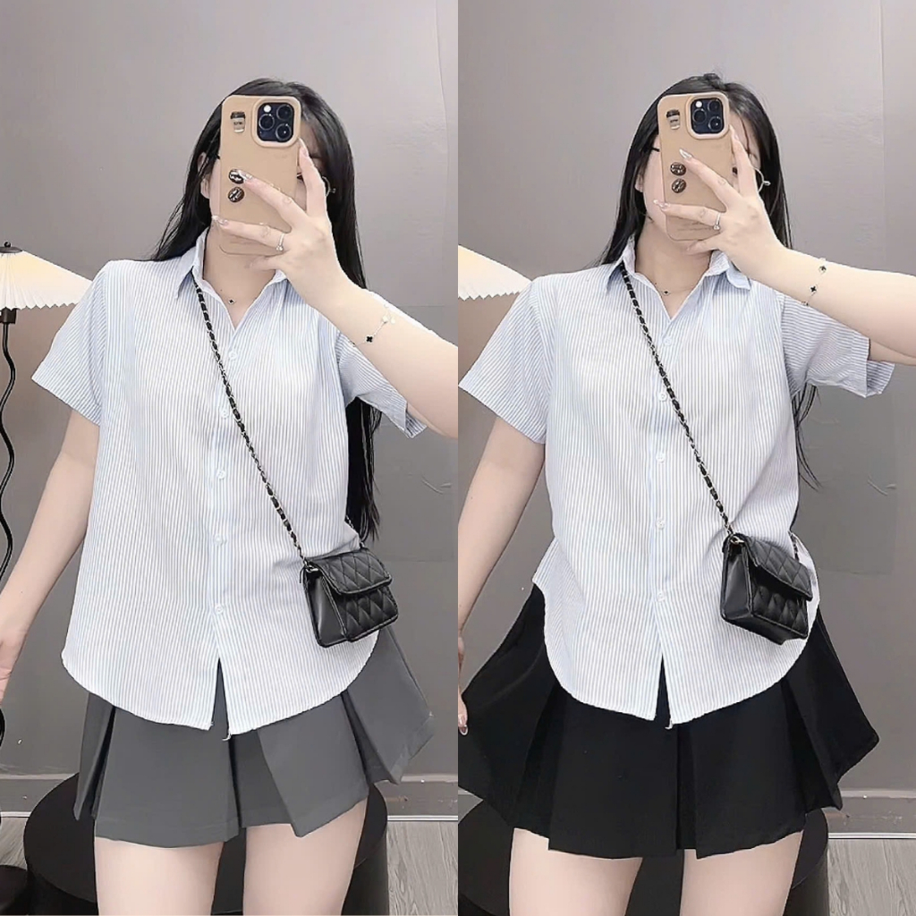 Ảnh Áo Sơ Mi Kẻ Sọc Bigsize Nữ Somi Tay Ngắn Tôn Dáng Vài Cotton Thô Cho Chubby SM184 3