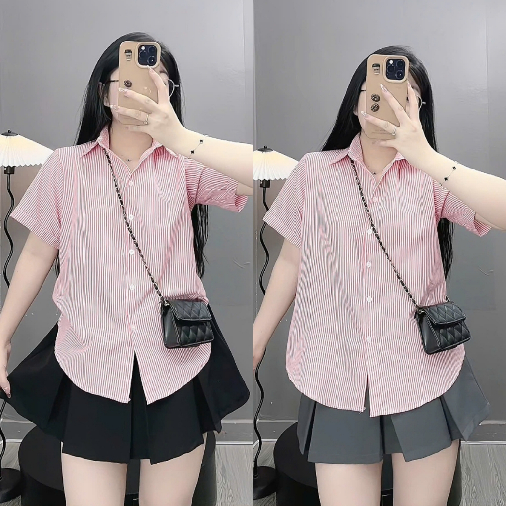 Ảnh Áo Sơ Mi Kẻ Sọc Bigsize Nữ Somi Tay Ngắn Tôn Dáng Vài Cotton Thô Cho Chubby SM184 2