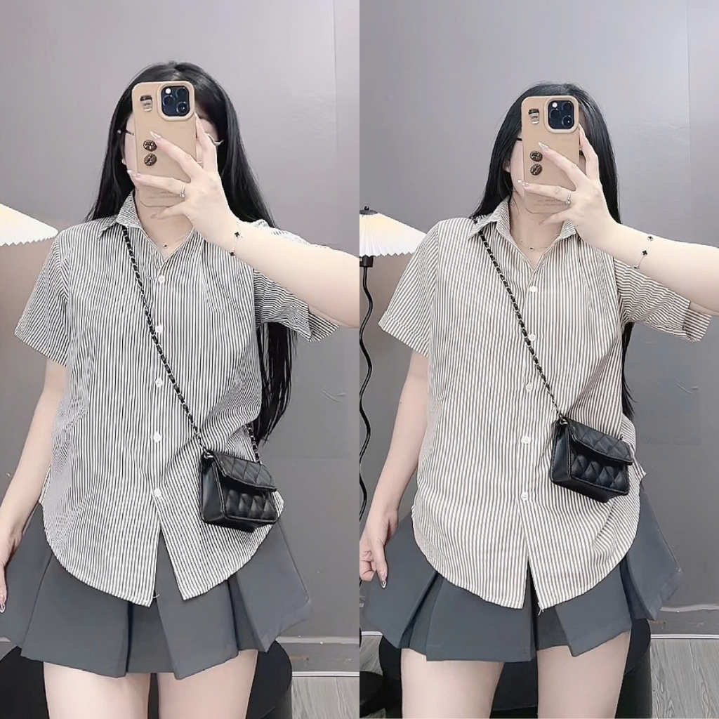 Ảnh Áo Sơ Mi Kẻ Sọc Bigsize Nữ Somi Tay Ngắn Tôn Dáng Vài Cotton Thô Cho Chubby SM184 1