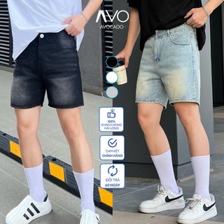 Quần Short Sọt đùi Lửng Ngố Bò Jean Nam Đen Xanh Retro Wash Rách form TRÊN GỐI Avocado