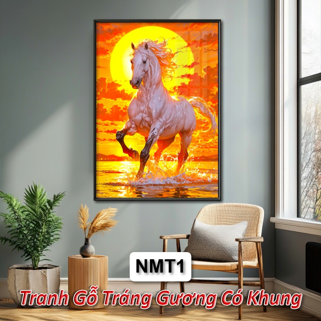 Tranh Gỗ Tráng Gương Có Khung Ngựa và Mặt Trời Mặt Trăng - Decor Phòng Khách/Ngủ/Quán Cafe