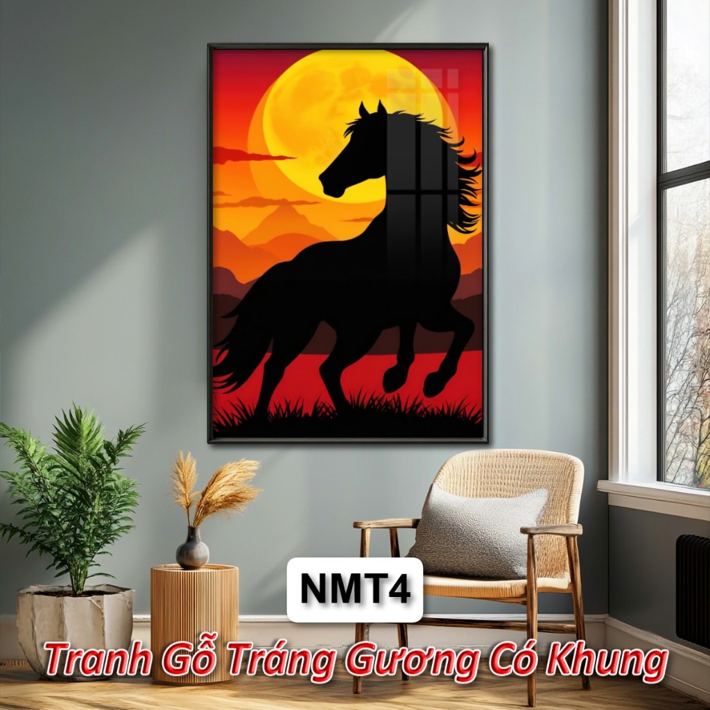 Tranh Gỗ Tráng Gương Có Khung Ngựa và Mặt Trời Mặt Trăng - Decor Phòng Khách/Ngủ/Quán Cafe
