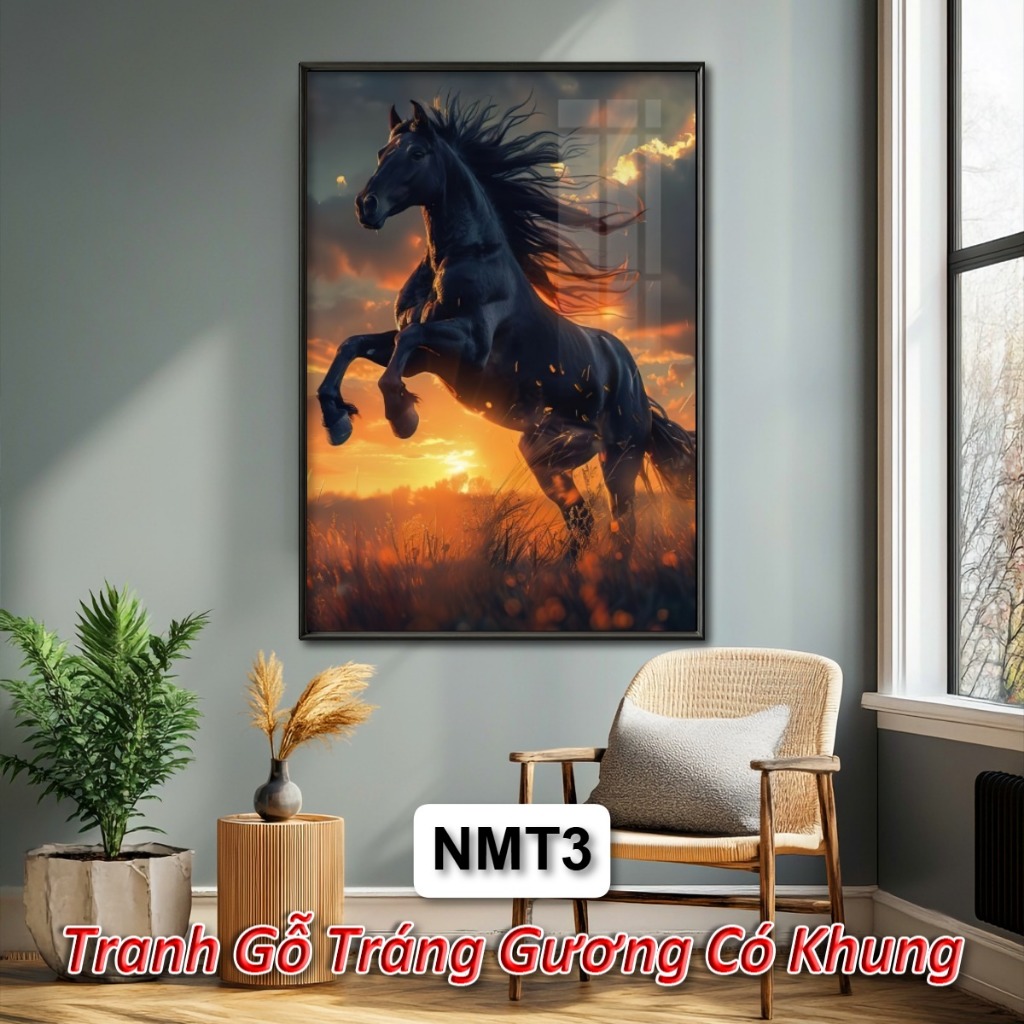 Tranh Gỗ Tráng Gương Có Khung Ngựa và Mặt Trời Mặt Trăng - Decor Phòng Khách/Ngủ/Quán Cafe