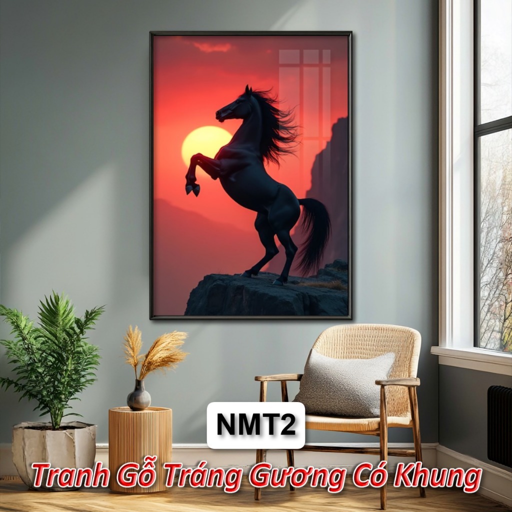 Tranh Gỗ Tráng Gương Có Khung Ngựa và Mặt Trời Mặt Trăng - Decor Phòng Khách/Ngủ/Quán Cafe
