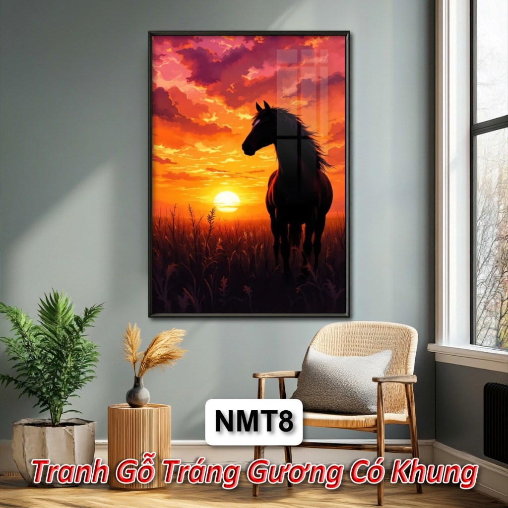 Tranh Gỗ Tráng Gương Có Khung Ngựa và Mặt Trời Mặt Trăng - Decor Phòng Khách/Ngủ/Quán Cafe