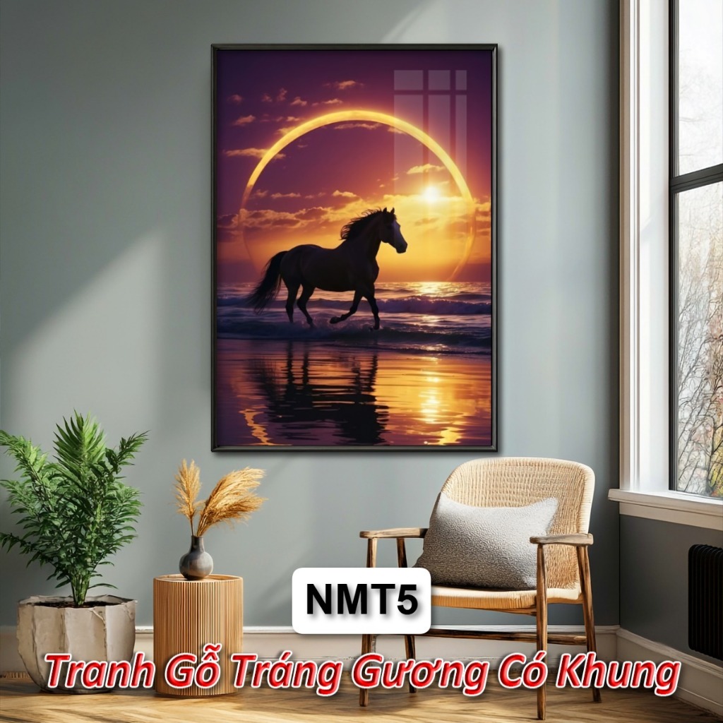 Tranh Gỗ Tráng Gương Có Khung Ngựa và Mặt Trời Mặt Trăng - Decor Phòng Khách/Ngủ/Quán Cafe
