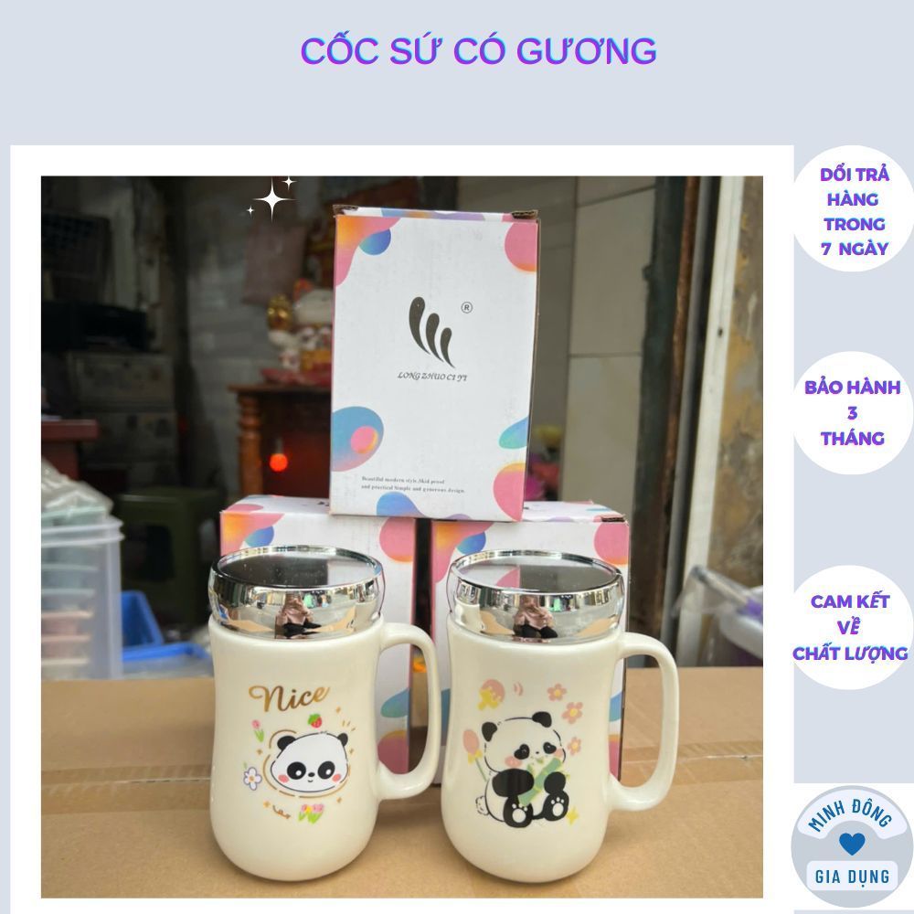 Cốc sứ giữ nhiệt có quai cầm,ca sứ uống nước nắp đậy tráng gương 400ml
