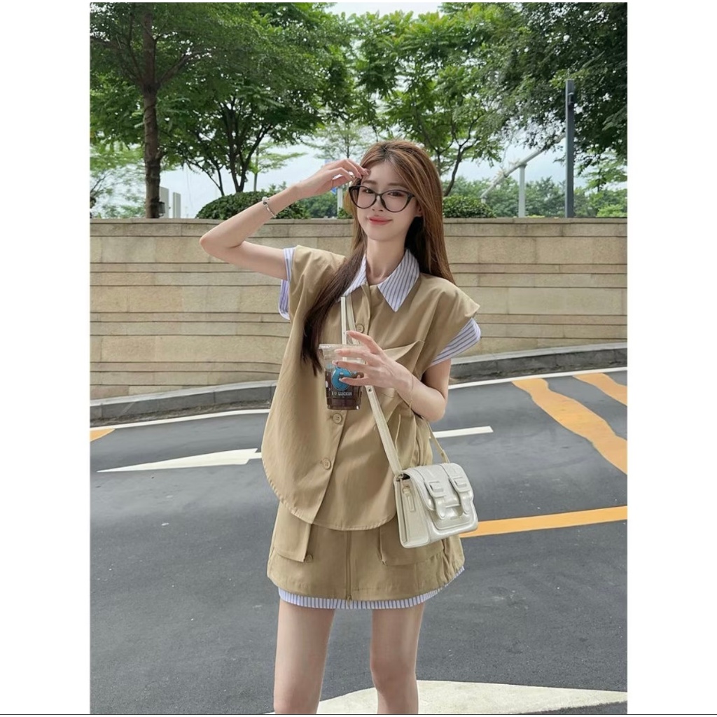 Set kaki sơ mi phối 2 màu kèm chân váy cạp chun LALA S28