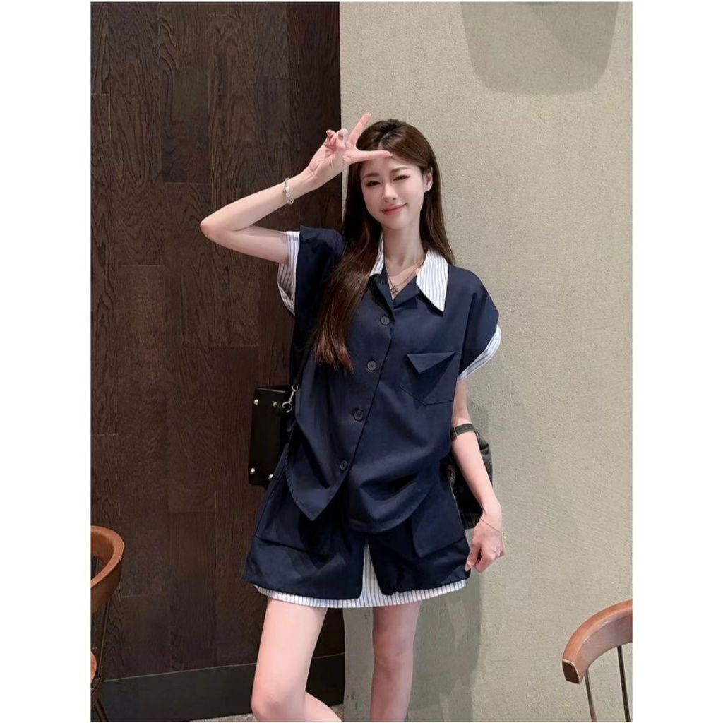 Set kaki sơ mi phối 2 màu kèm chân váy cạp chun LALA S28