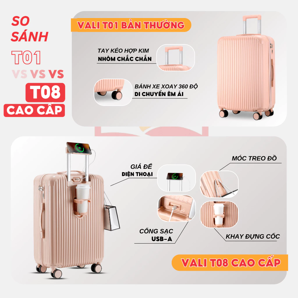 Vali du lịch Kingsun vali kéo Cao Cấp T08/T01/155 Size20/24/28inch Bảo hành 5 năm