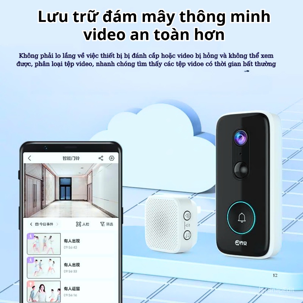 Chuông Cửa Camera 160 độ, Công nghệ AL, Lưu trữ đám mây, Cảnh báo phá hủy - 3 chế độ xem, dễ dàng lắp đặt, tiết kiệm