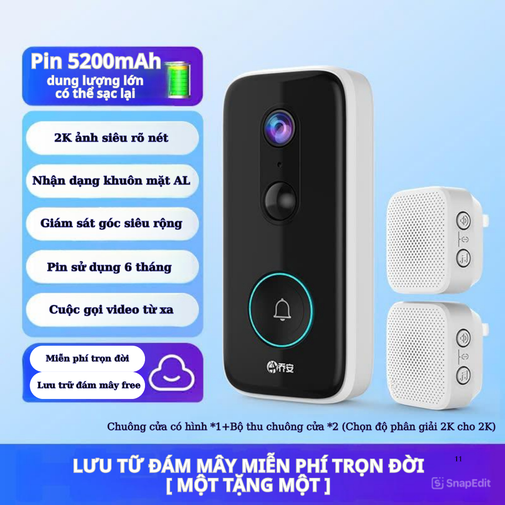 Chuông Cửa Camera 160 độ, Công nghệ AL, Lưu trữ đám mây, Cảnh báo phá hủy - 3 chế độ xem, dễ dàng lắp đặt, tiết kiệm