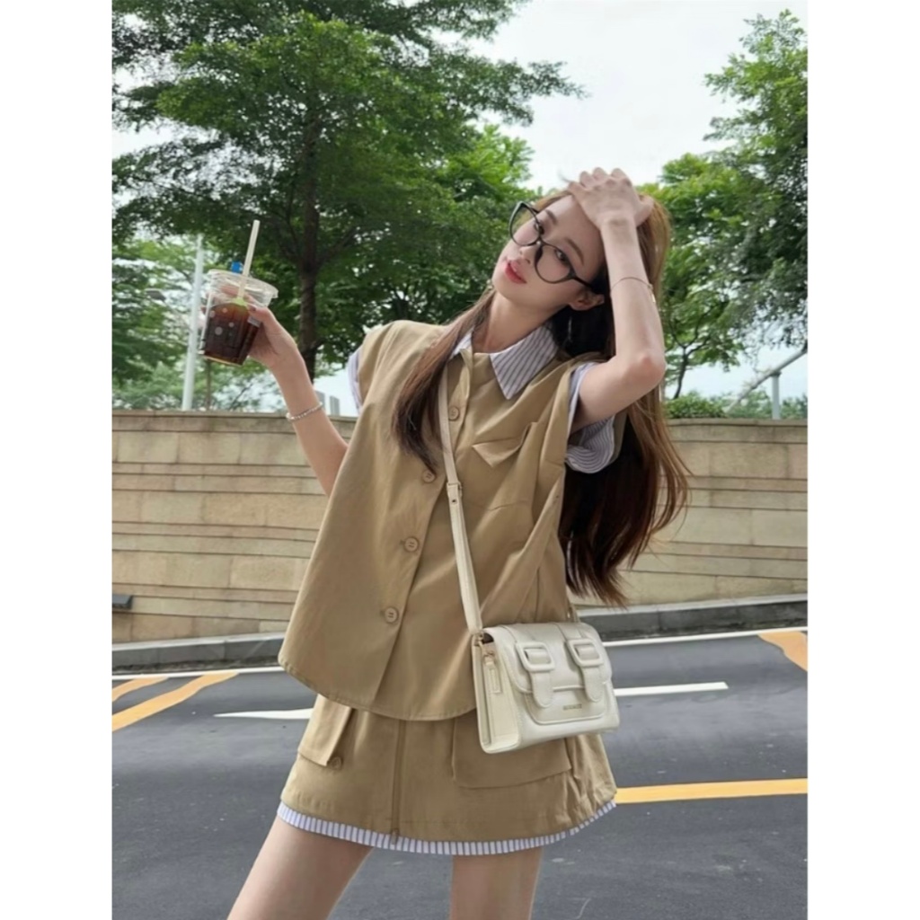 Set kaki sơ mi phối 2 màu kèm chân váy cạp chun MUZA S28
