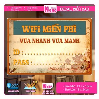 Decal Wifi Free, Biển Báo Wifi Miễn Phí, Sticker Pass Mạng Wifi Cho Quán, Công Ty, Nơi Công Cộng, Decal Chống Nước.
