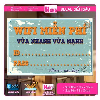 Decal Wifi Free, Biển Báo Wifi Miễn Phí, Sticker Pass Mạng Wifi Cho Quán, Công Ty, Nơi Công Cộng, Decal Chống Nước.