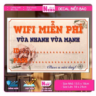Decal Wifi Free, Biển Báo Wifi Miễn Phí, Sticker Pass Mạng Wifi Cho Quán, Công Ty, Nơi Công Cộng, Decal Chống Nước.