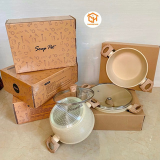 Nồi EMOOJOO vân đá Trắng hai quai chống dính 20cm, 22cm,24cm [DÙNG CHO MỌI LOẠI BẾP] Cam Homeware