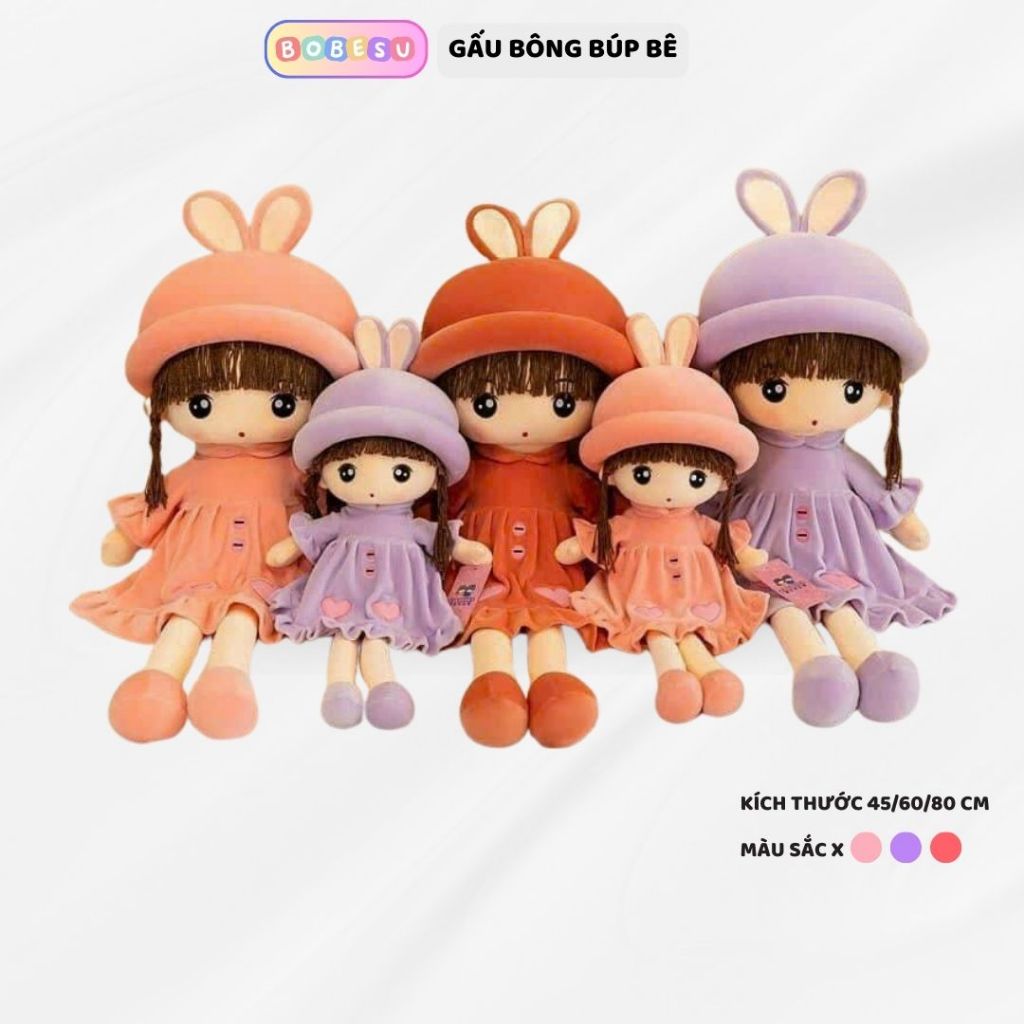 Búp bê gấu bông mũ tai thỏ búp bê nhồi bông tóc dài đội mũ thỏ cao cấp làm quà tặng đáng yêu cho bé gái