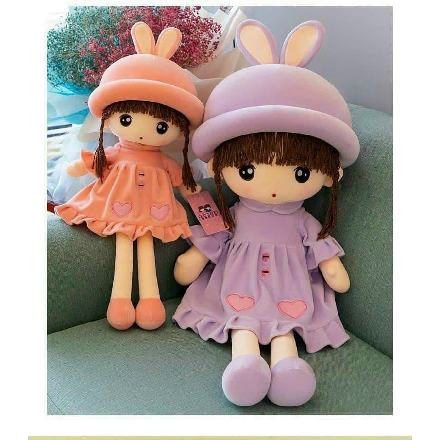 Búp bê gấu bông mũ tai thỏ búp bê nhồi bông tóc dài đội mũ thỏ cao cấp làm quà tặng đáng yêu cho bé gái