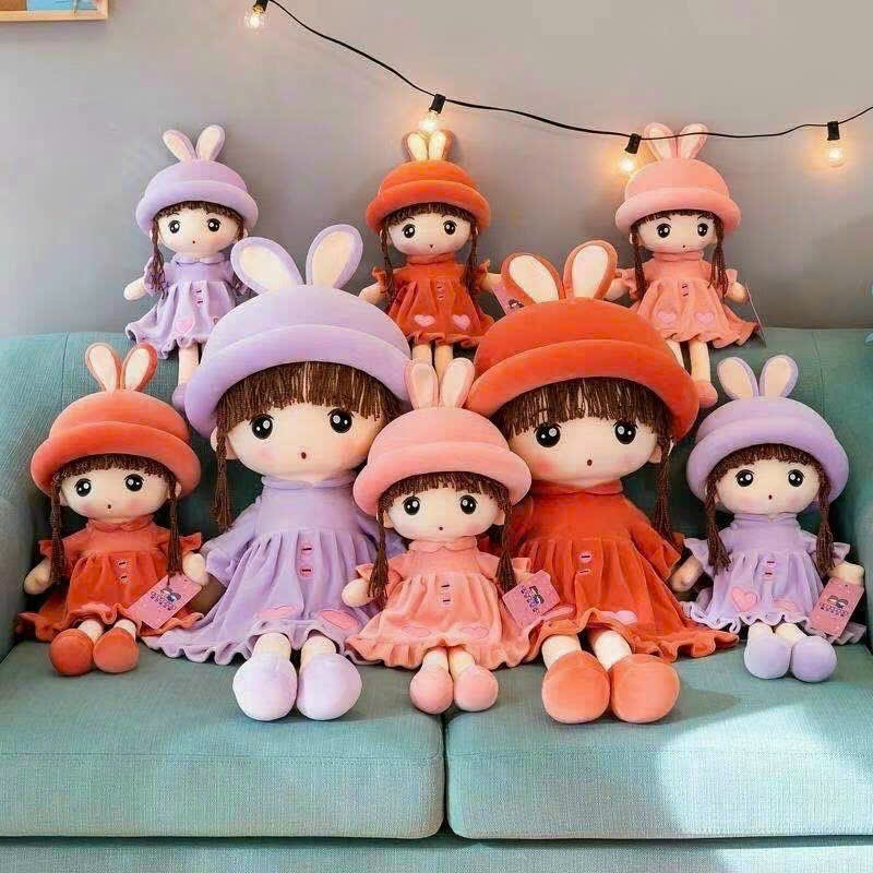 Búp bê gấu bông mũ tai thỏ búp bê nhồi bông tóc dài đội mũ thỏ cao cấp làm quà tặng đáng yêu cho bé gái