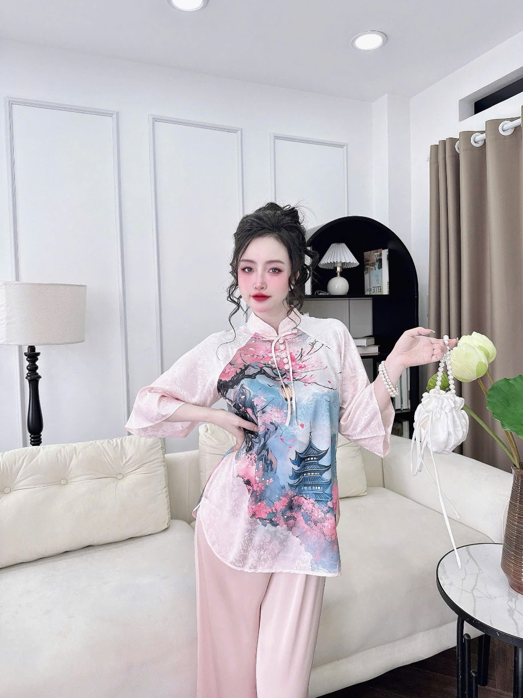 Ảnh Bộ Lam Đi Chùa SOJUN Đồ Pháp Phục Lụa Gấm Cổ Trụ Nút Bọc Thiết Kế Size Dưới 65kg 2