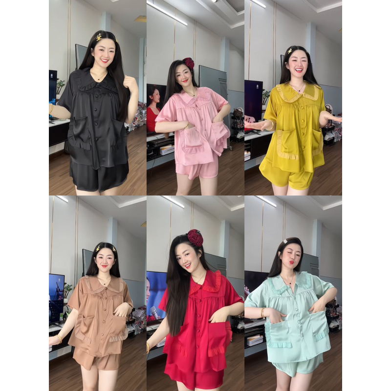 Bộ đùi tiểu thư cổ bèo baby doll 2 túi pijama dễ thương lụa latin