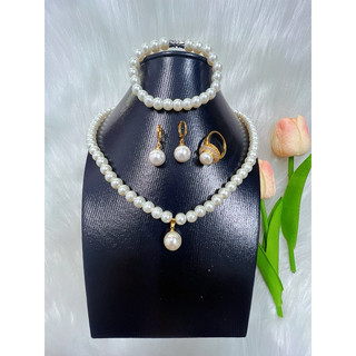 Các bộ Com bo 4 món vòng cổ hoa tai lắc tay, Nhẫn ngọc trai Ngọc trai san hô mạ vàng 18K cao cấp