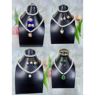 Các bộ Com bo 4 món vòng cổ hoa tai lắc tay, Nhẫn ngọc trai Ngọc trai san hô mạ vàng 18K cao cấp