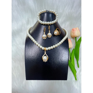Các bộ Com bo 4 món vòng cổ hoa tai lắc tay, Nhẫn ngọc trai Ngọc trai san hô mạ vàng 18K cao cấp