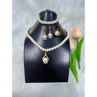 Các bộ Com bo 4 món vòng cổ hoa tai lắc tay, Nhẫn ngọc trai Ngọc trai san hô mạ vàng 18K cao cấp