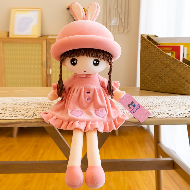 Gấu bông búp bê mũ tai thỏ đáng yêu búp bê nhồi bông tóc dài đội mũ thỏ cao cấp quà tặng cho bé gái