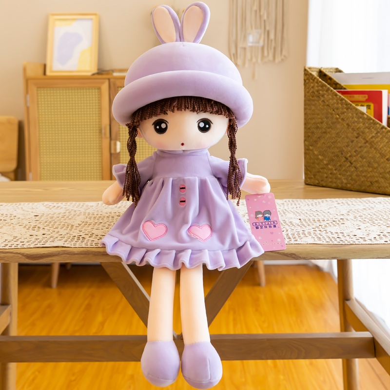 Gấu bông búp bê mũ tai thỏ đáng yêu búp bê nhồi bông tóc dài đội mũ thỏ cao cấp quà tặng cho bé gái