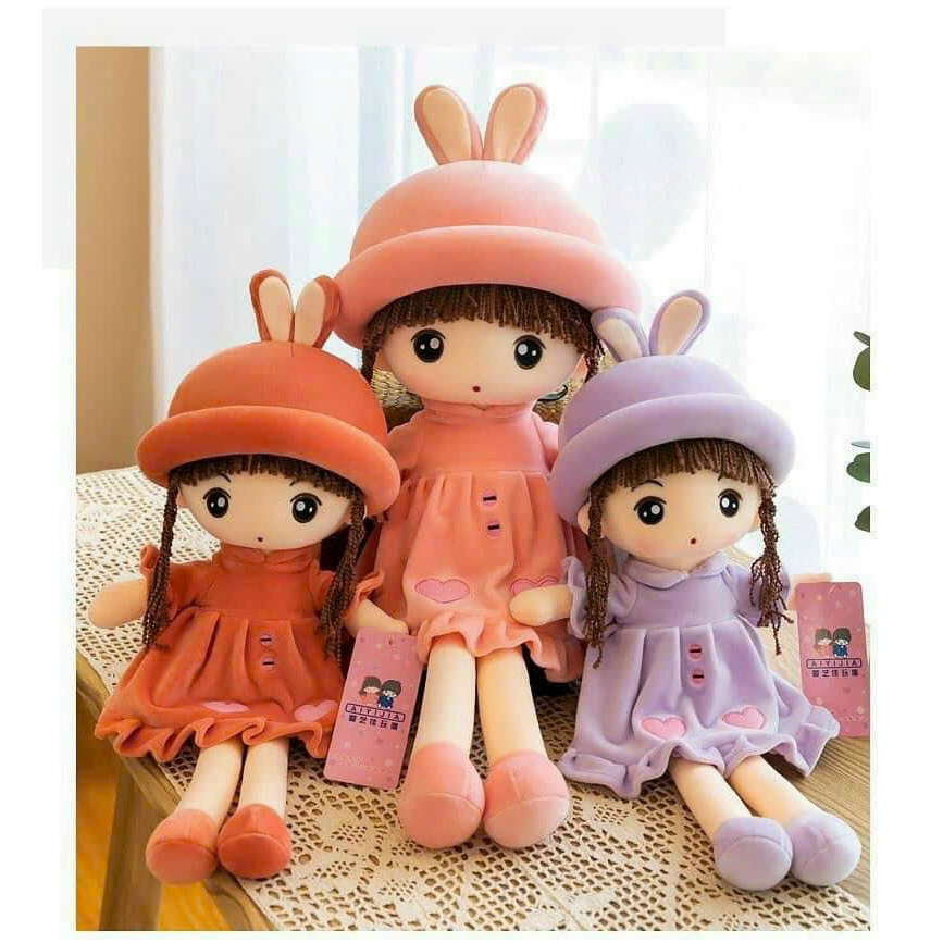 Gấu bông búp bê mũ tai thỏ đáng yêu búp bê nhồi bông tóc dài đội mũ thỏ cao cấp quà tặng cho bé gái