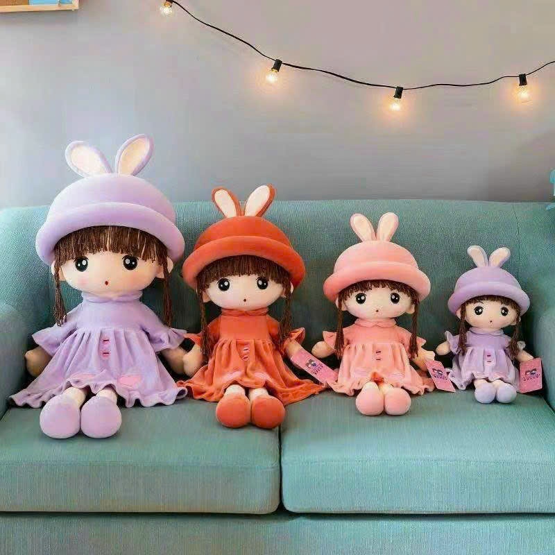 Gấu bông búp bê mũ tai thỏ đáng yêu búp bê nhồi bông tóc dài đội mũ thỏ cao cấp quà tặng cho bé gái