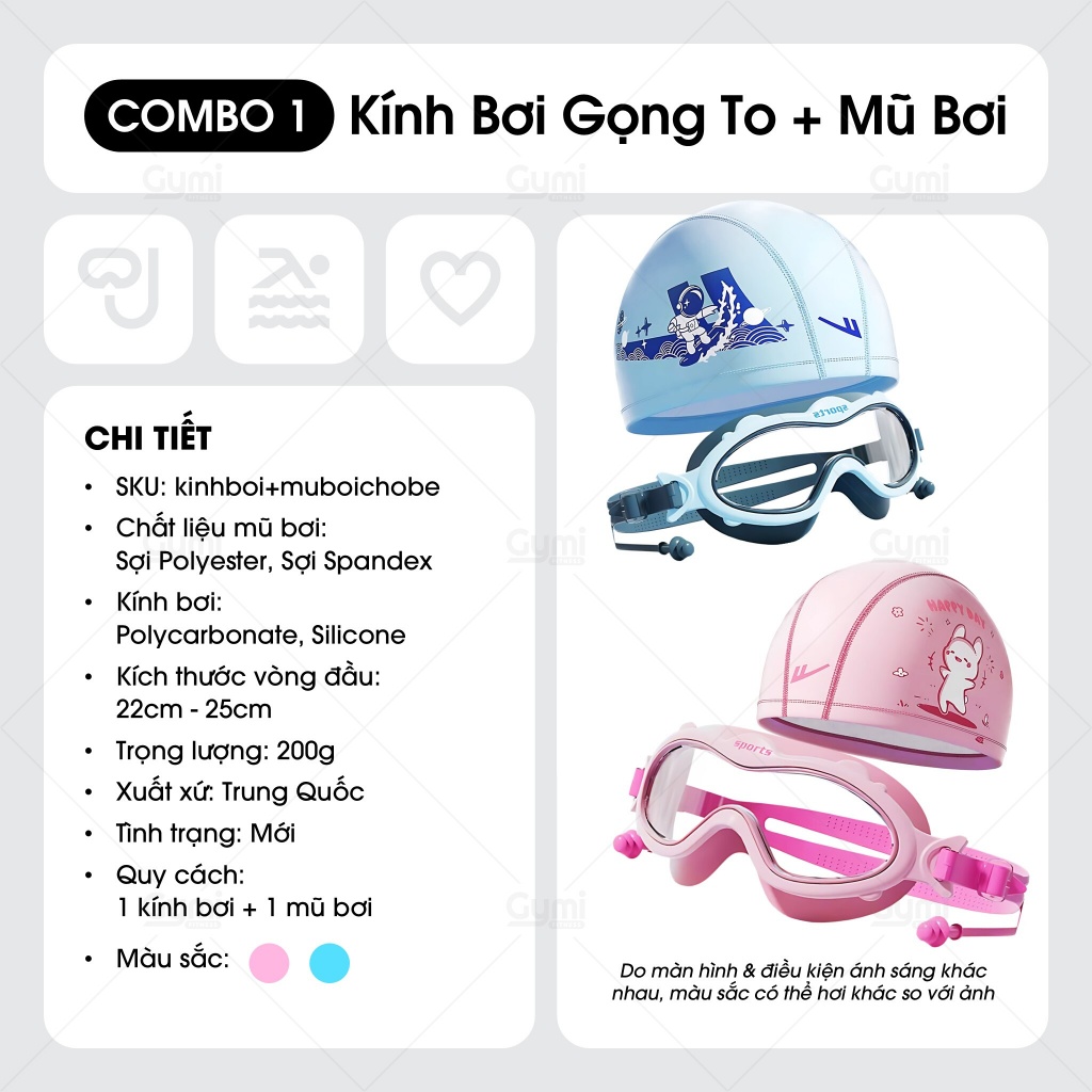 Combo Kính Bơi + Mũ Bơi Trẻ Em - Chống Tia UV, Chống Sương Mù - Cho Bé Trai Và Bé Gái - KinhBoi+MuBoi-TreEm