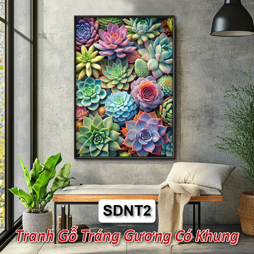Tranh Phong Thủy Sen Đá – Tranh Gỗ Tráng GƯơng Tô Điểm Không Gian, Hút Vượng Khí, Giảm Căng Thẳng