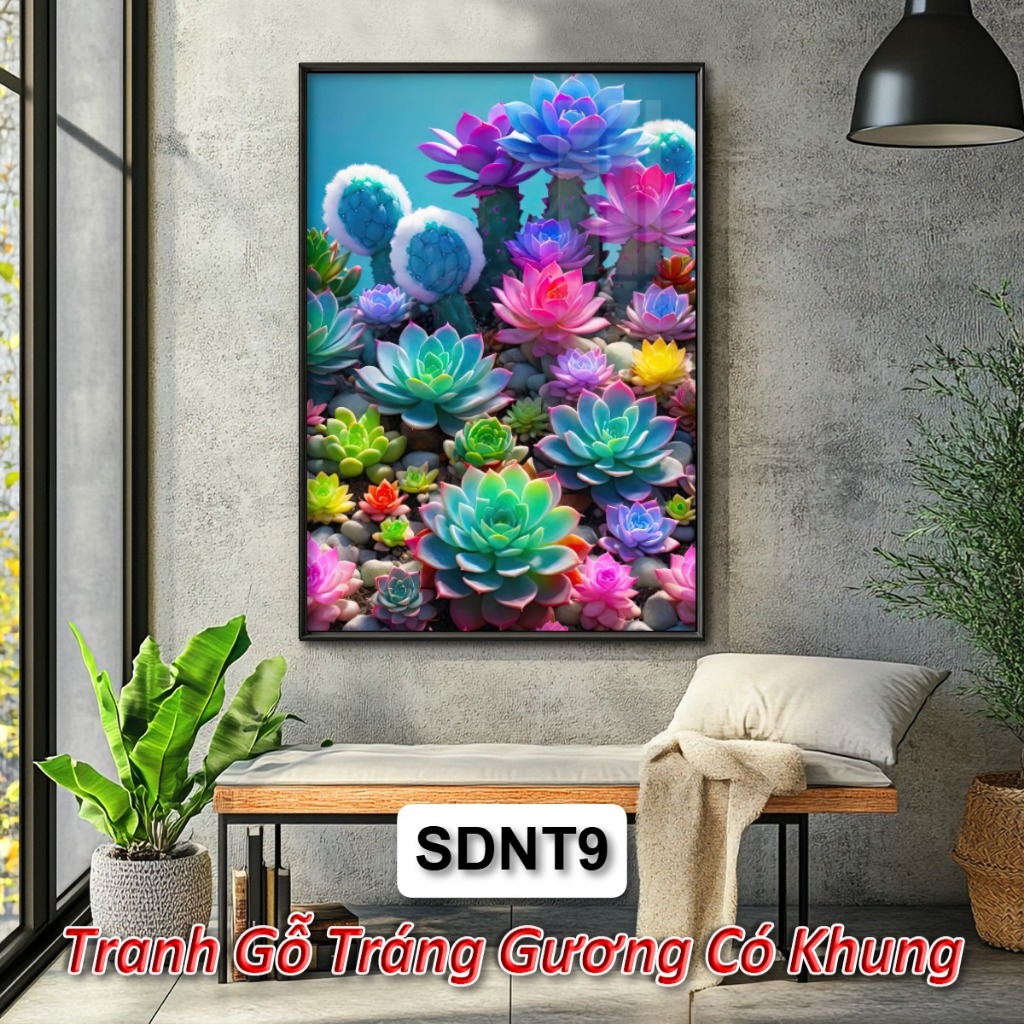 Tranh Phong Thủy Sen Đá – Tranh Gỗ Tráng GƯơng Tô Điểm Không Gian, Hút Vượng Khí, Giảm Căng Thẳng